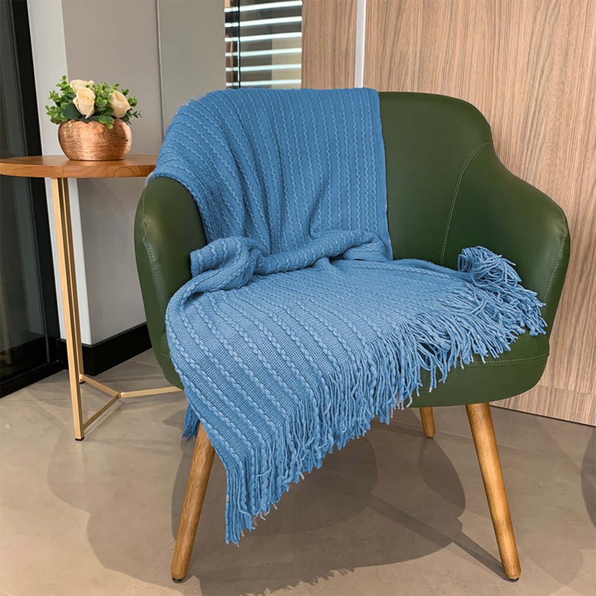 manta decorativa com franjas tricot diamond appel home indigo