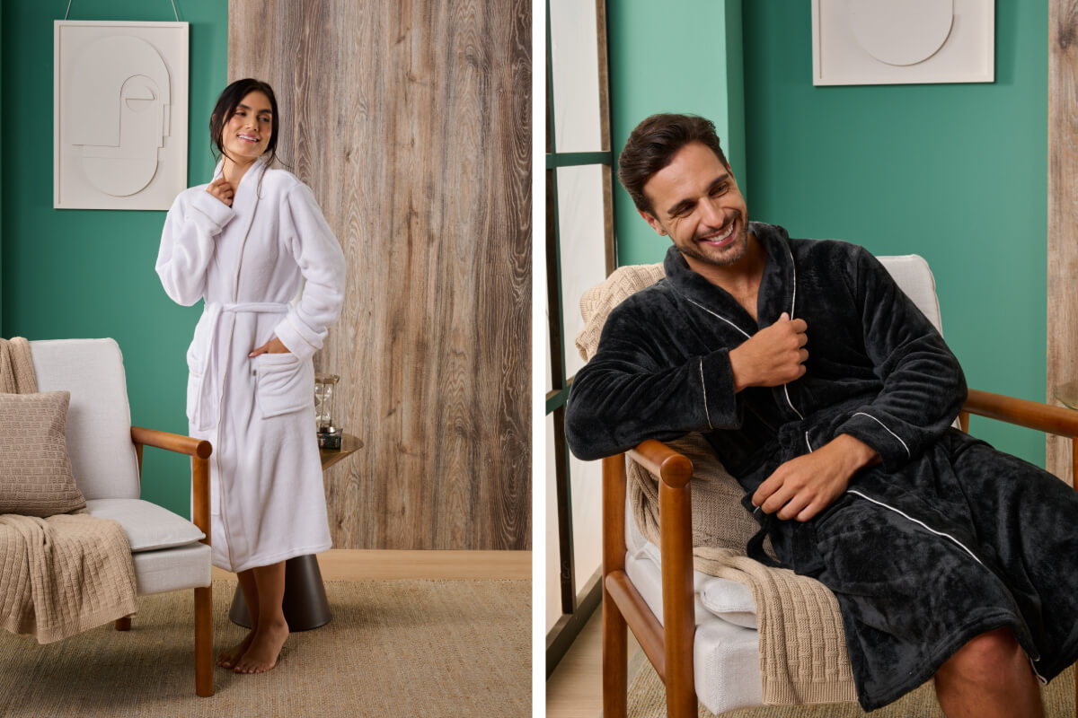 mulher e homem vestidos com roupao