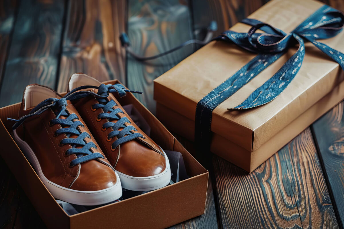 tenis masculino perto de uma caixa de presente