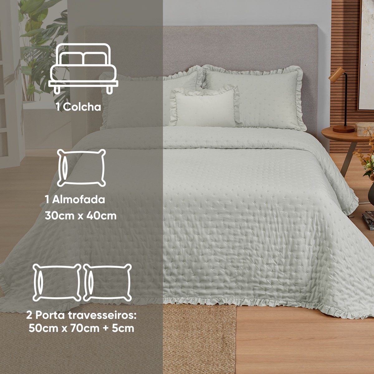 kit colcha queen verde babosa 2