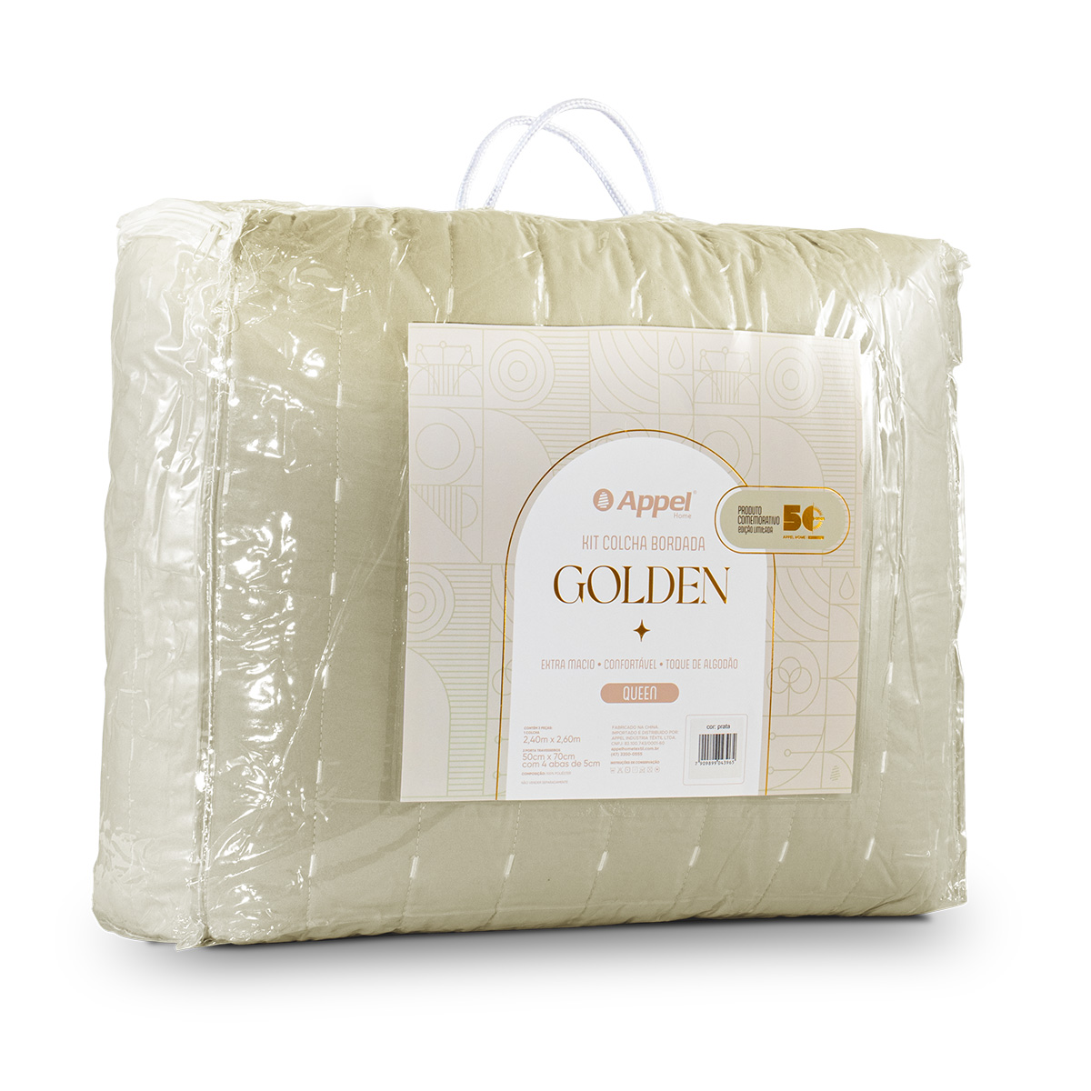 kit colcha bordada golden still embalagem bege