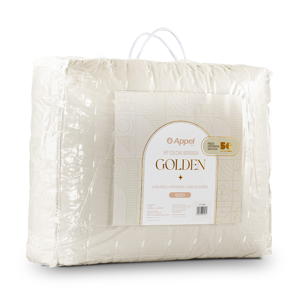 kit colcha bordada golden still embalagem off white