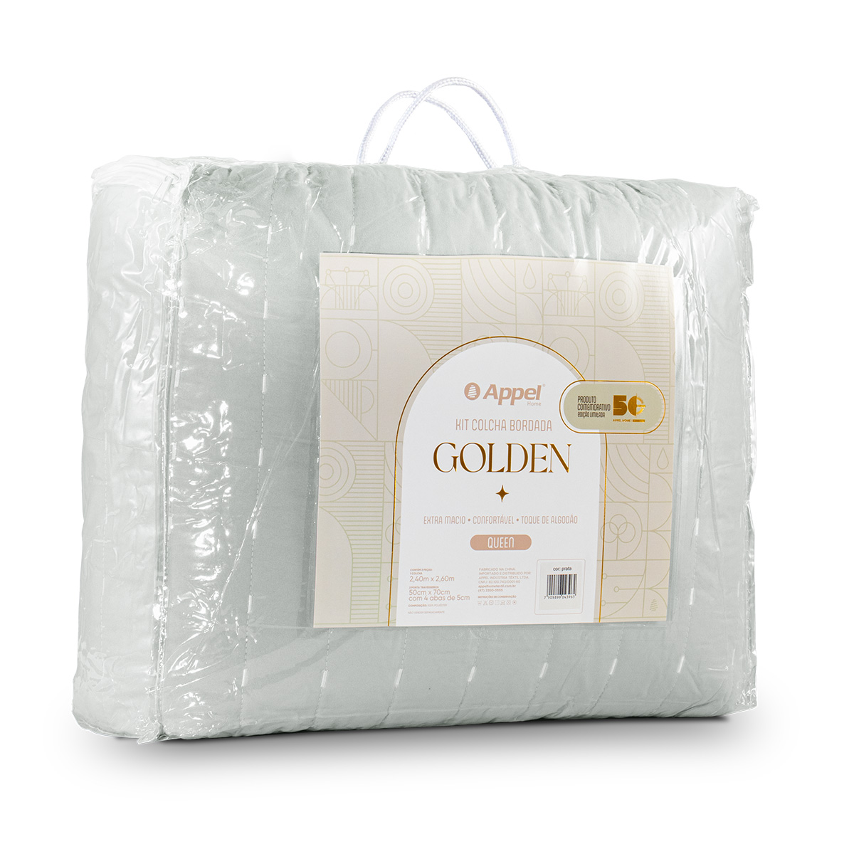 kit colcha bordada golden still embalagem prata