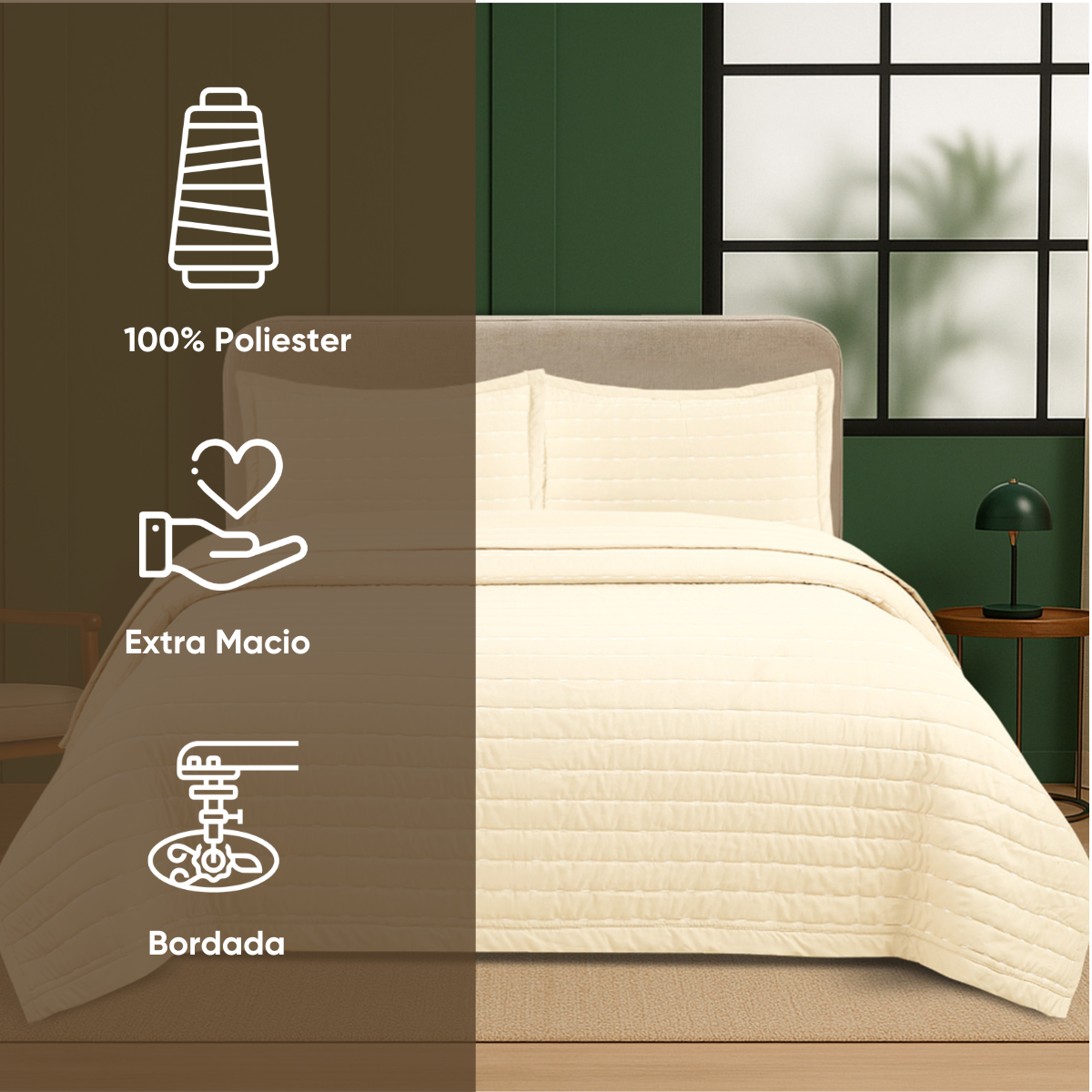 01 kit colcha de cama casal bordada toque de algodao golden