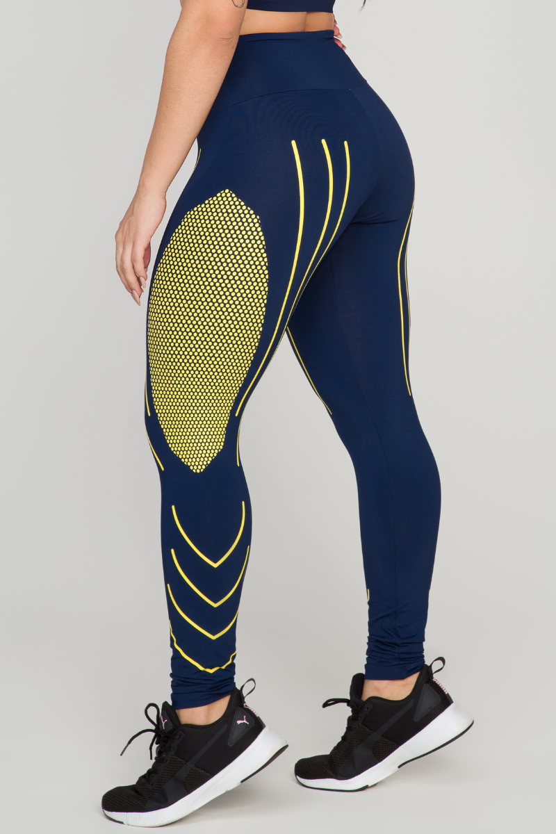 02 calca legging fitness poliamida compressao azul marinho com amarelo