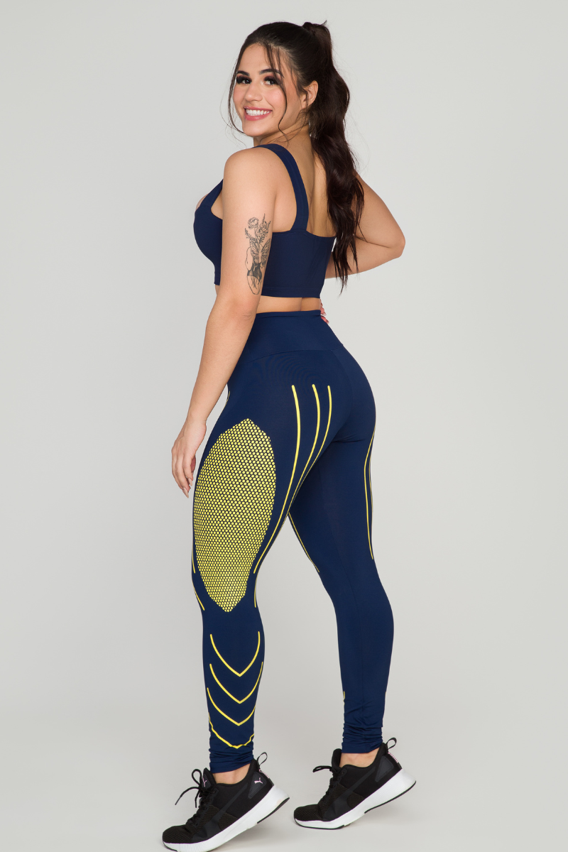 03 calca legging fitness poliamida compressao azul marinho com amarelo