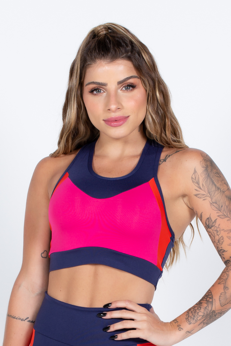 01 top poliamida azul marinho com recortes laranja e rosa