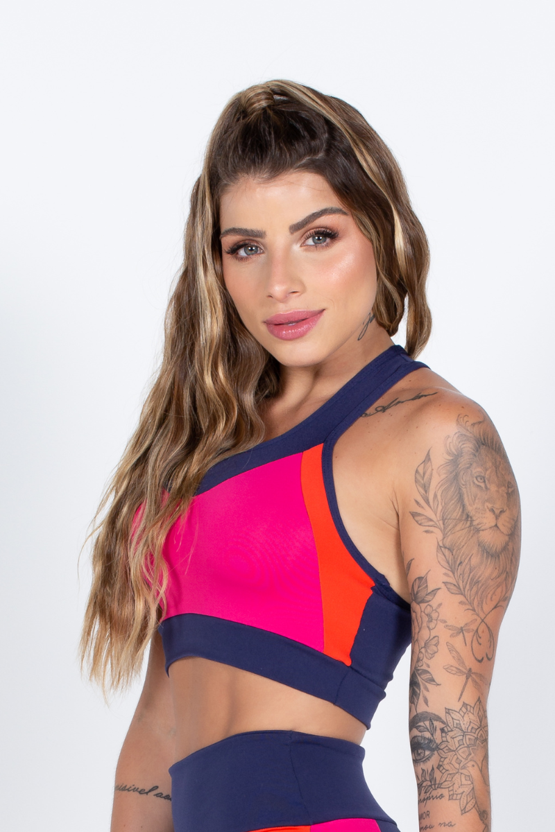 02 top poliamida azul marinho com recortes laranja e rosa