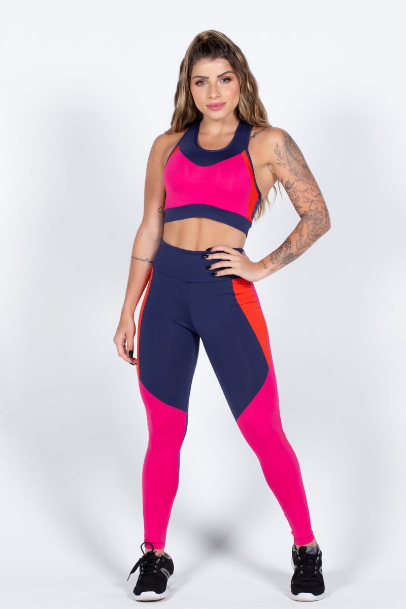 02 calca legging poliamida azul marinho com recortes laranja e rosa