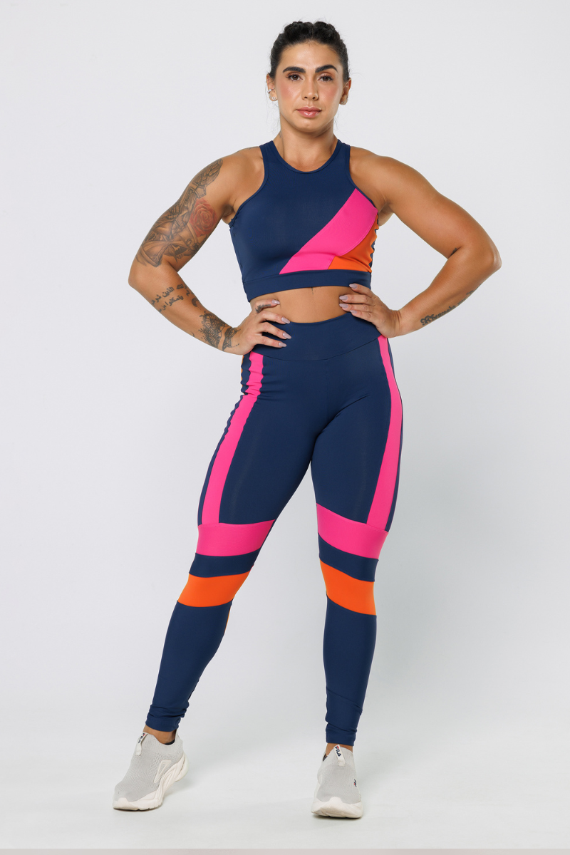 07 calca legging poliamida azul marinho com recortes laranja e rosa