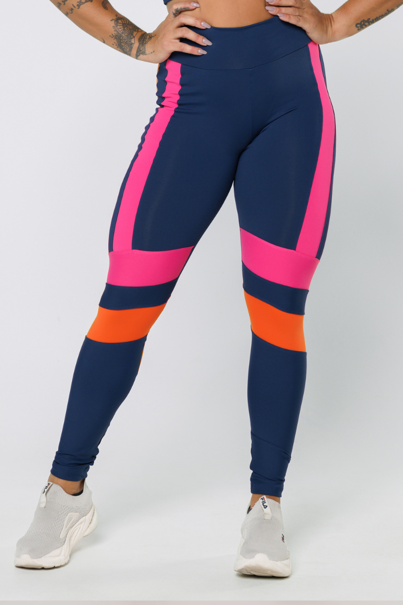 10 calca legging poliamida azul marinho com recortes laranja e rosa