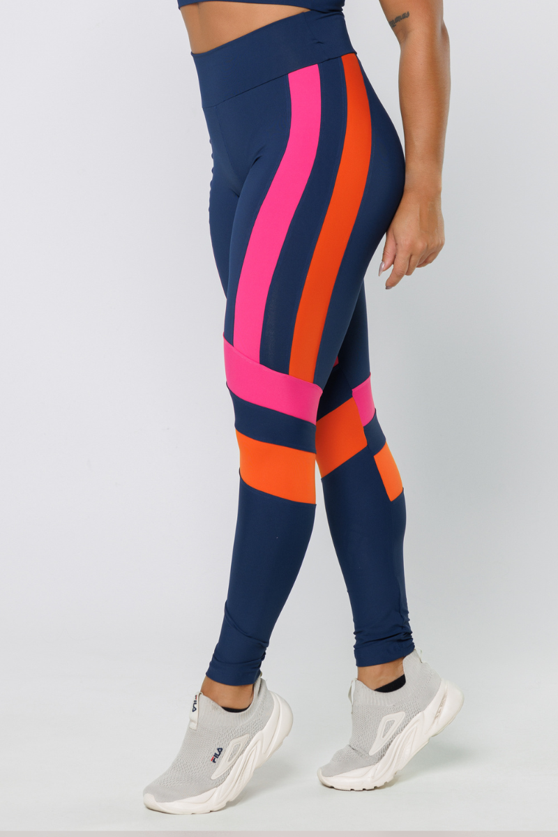 11 calca legging poliamida azul marinho com recortes laranja e rosa