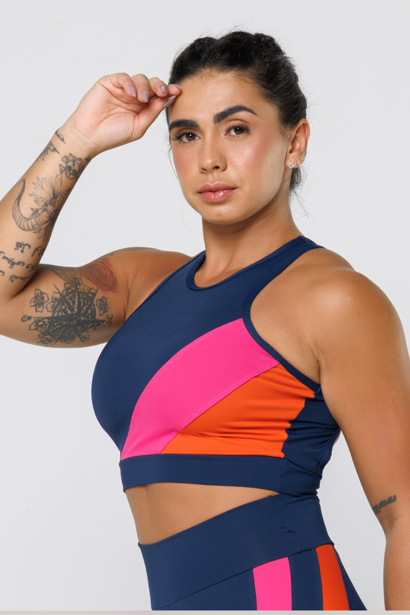 06 top poliamida azul marinho com recortes laranja e rosa