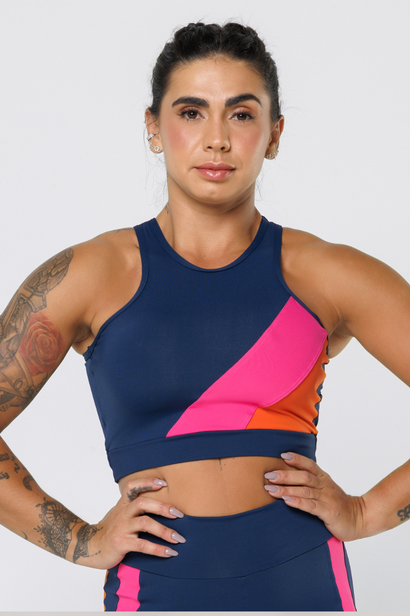 08 top poliamida azul marinho com recortes laranja e rosa