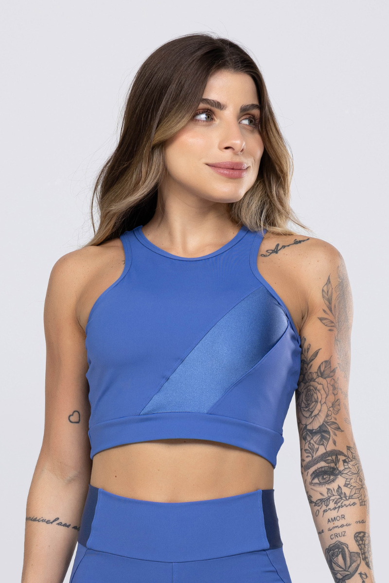 Top Fitness Poliamida com Recortes e detalhes nas Costas Blue Boy