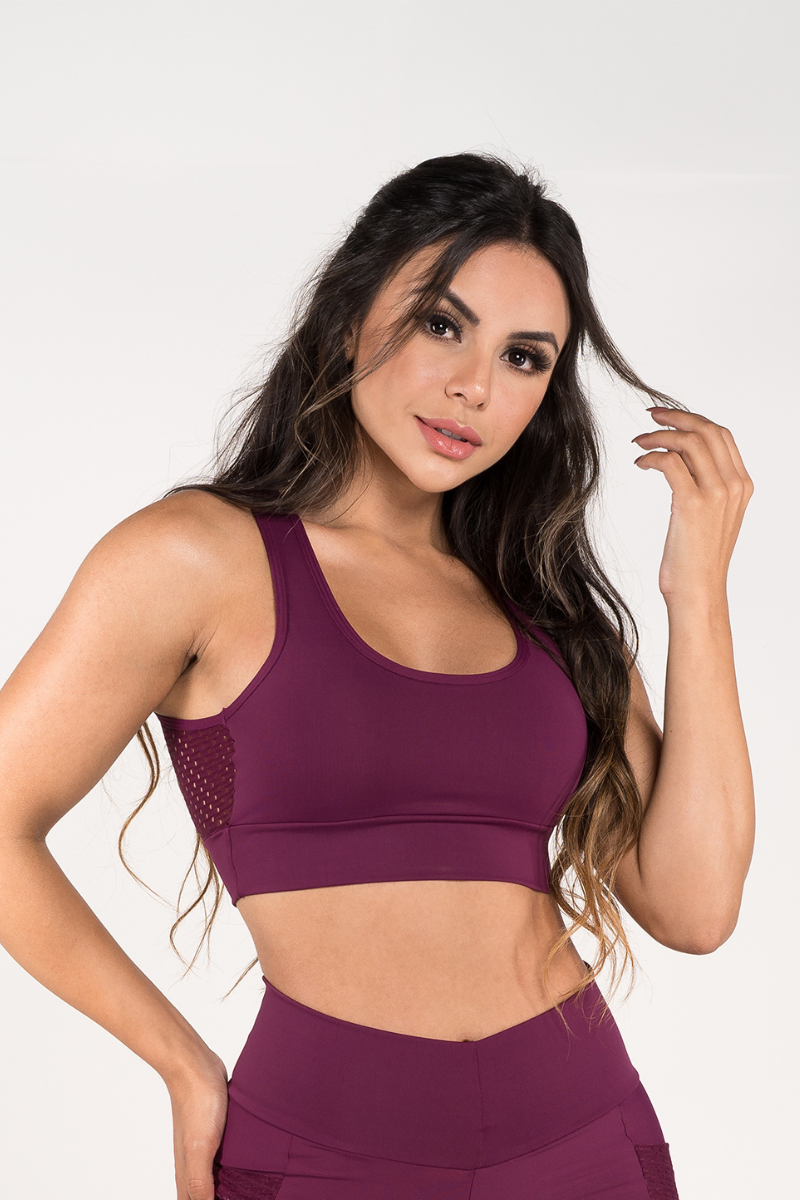 Top Fitness Poliamida Sustentação Costas Nadador em Tela Malbec