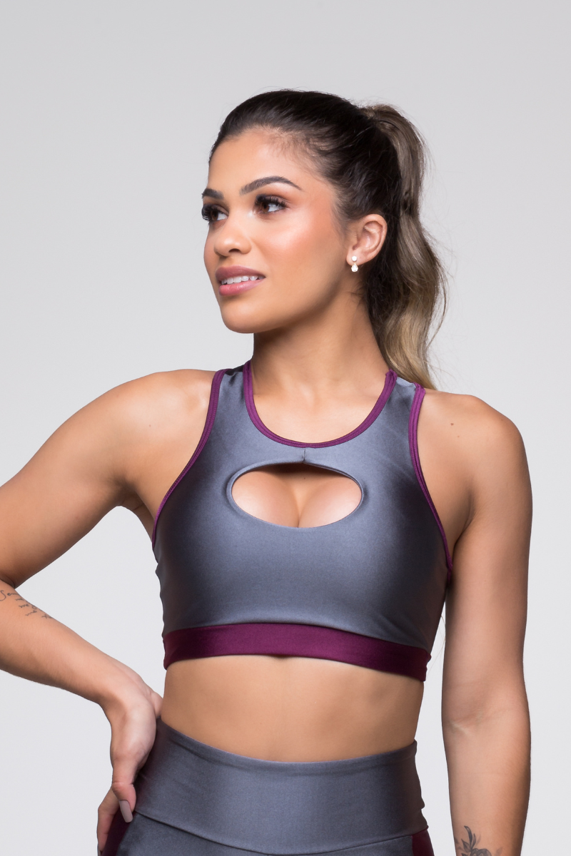 Top Fitness Metalic Poliamida Cinza com Malbec