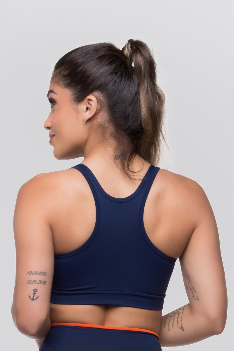 02 top fitness poliamida azul marinho com recortes rosa e laranja