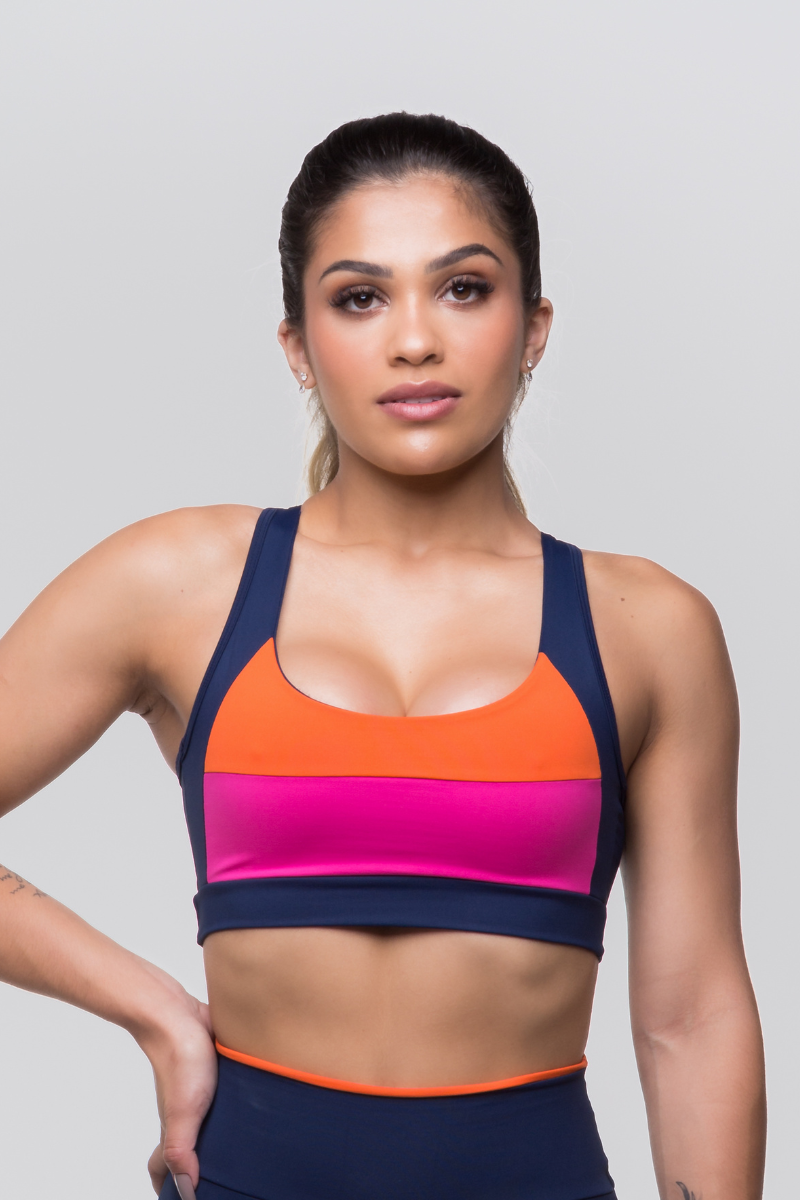 03 top fitness poliamida azul marinho com recortes rosa e laranja