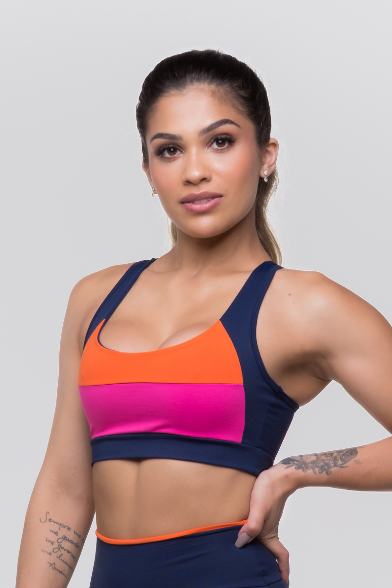 04 top fitness poliamida azul marinho com recortes rosa e laranja