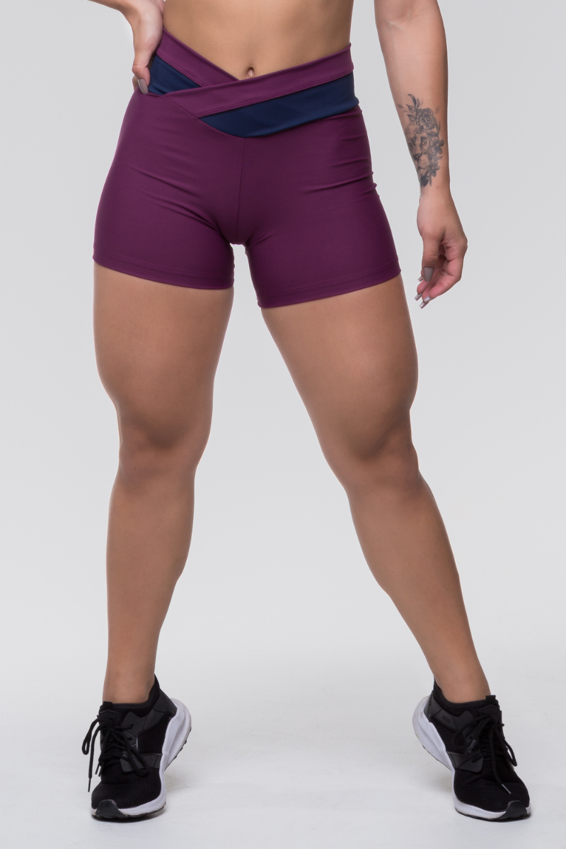 Short Fitness Poliamida Cós Transpassado Malbec com Azul