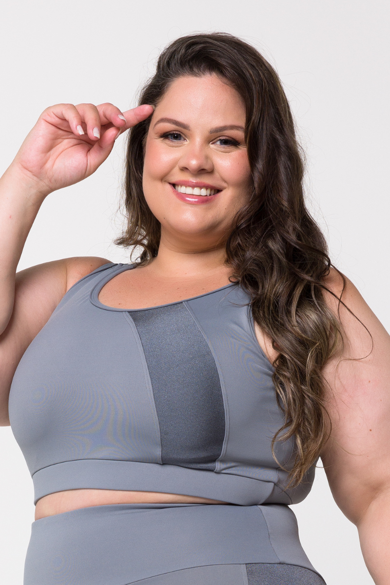 Top Fitness Plus Size Poliamida Com Recorte Cinza