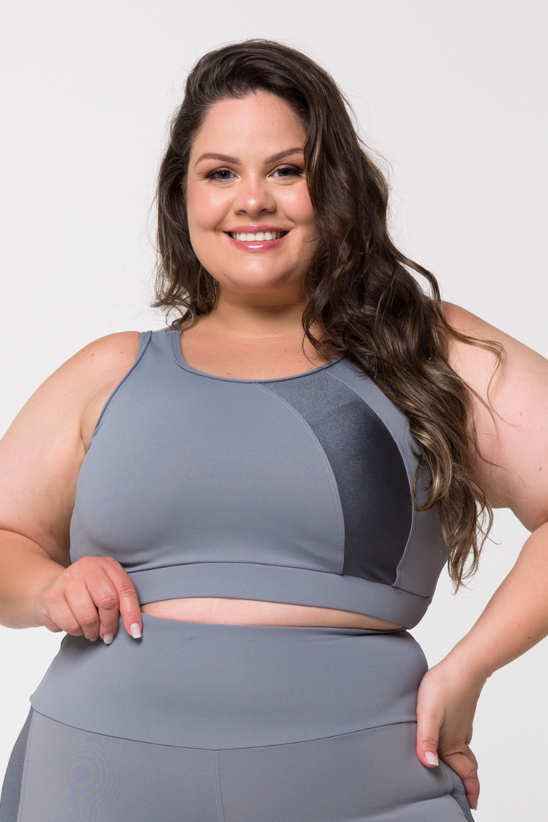 03 top fitness plus size poliamida com recorte cinza