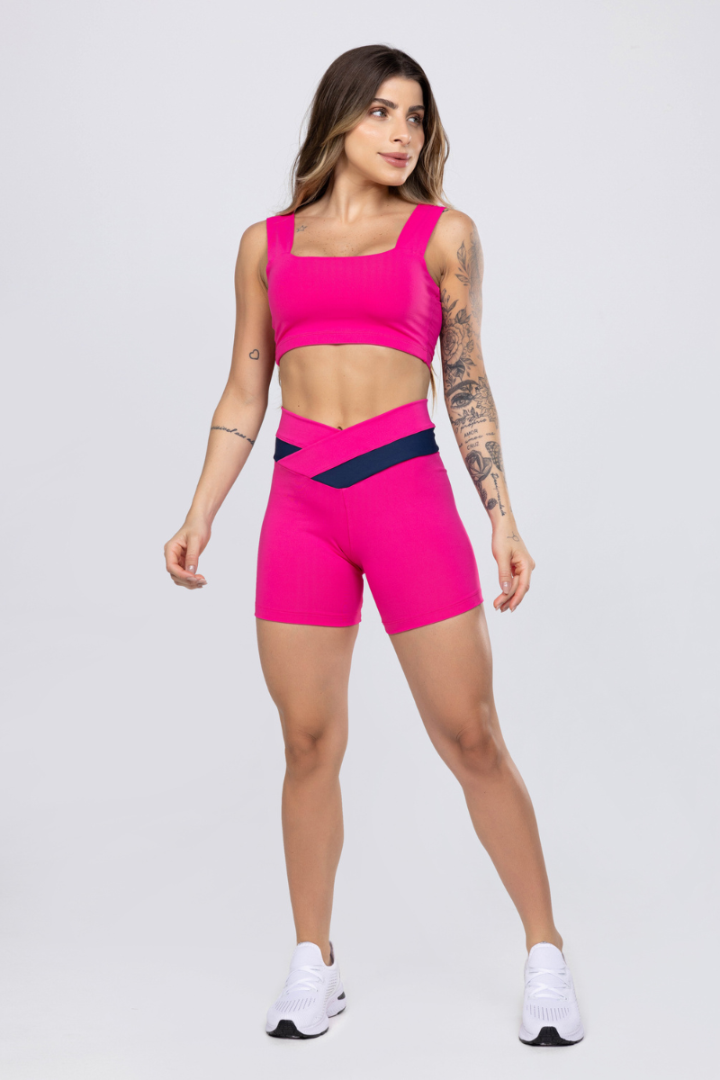 01 short fitness poliamida cos transpassado rosa pink com azul marinho