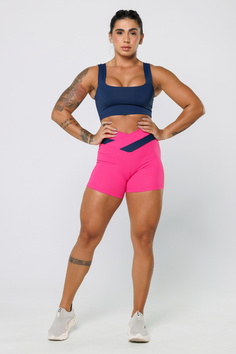 02 short fitness poliamida cos transpassado rosa pink com azul marinho