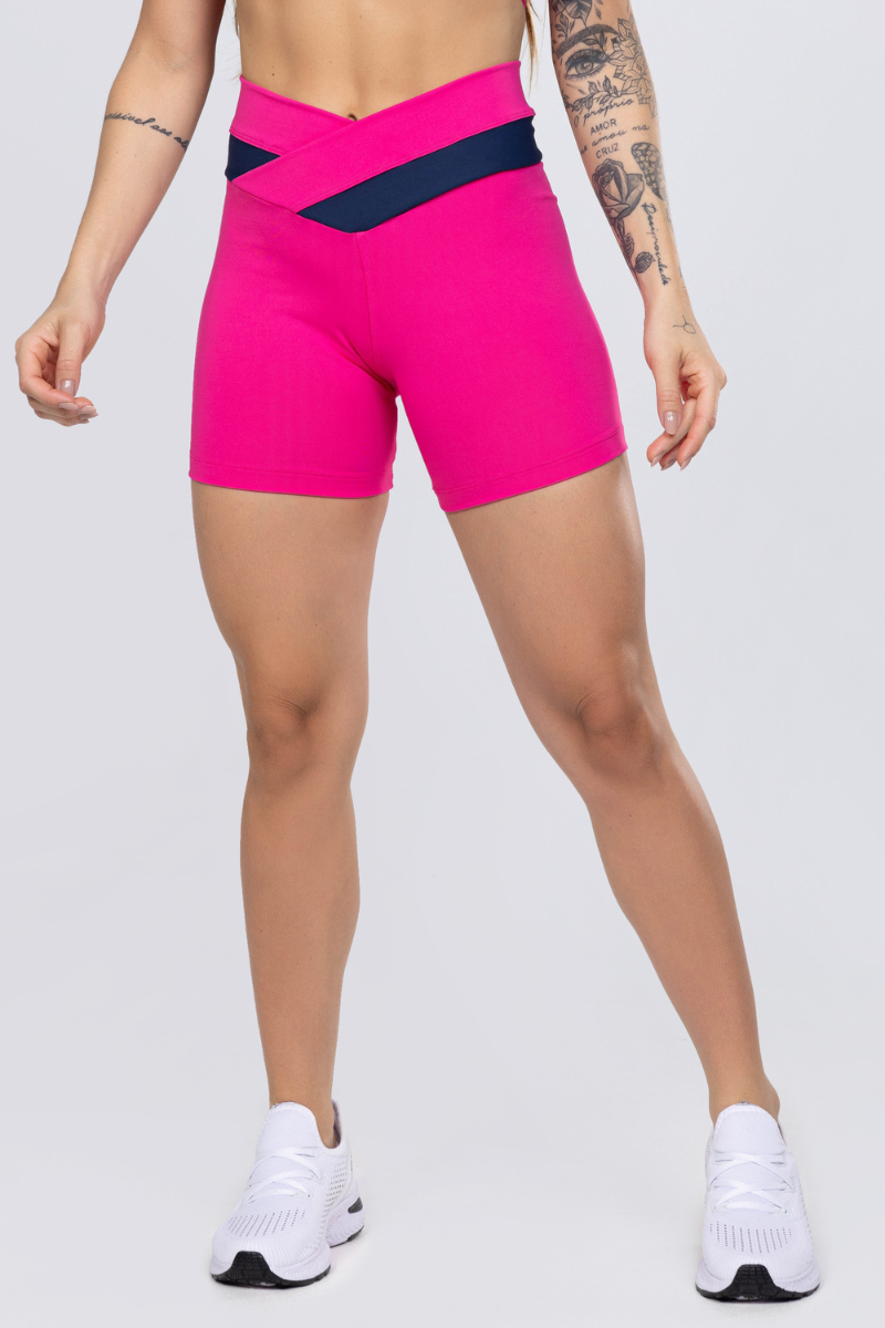 05 short fitness poliamida cos transpassado rosa pink com azul marinho