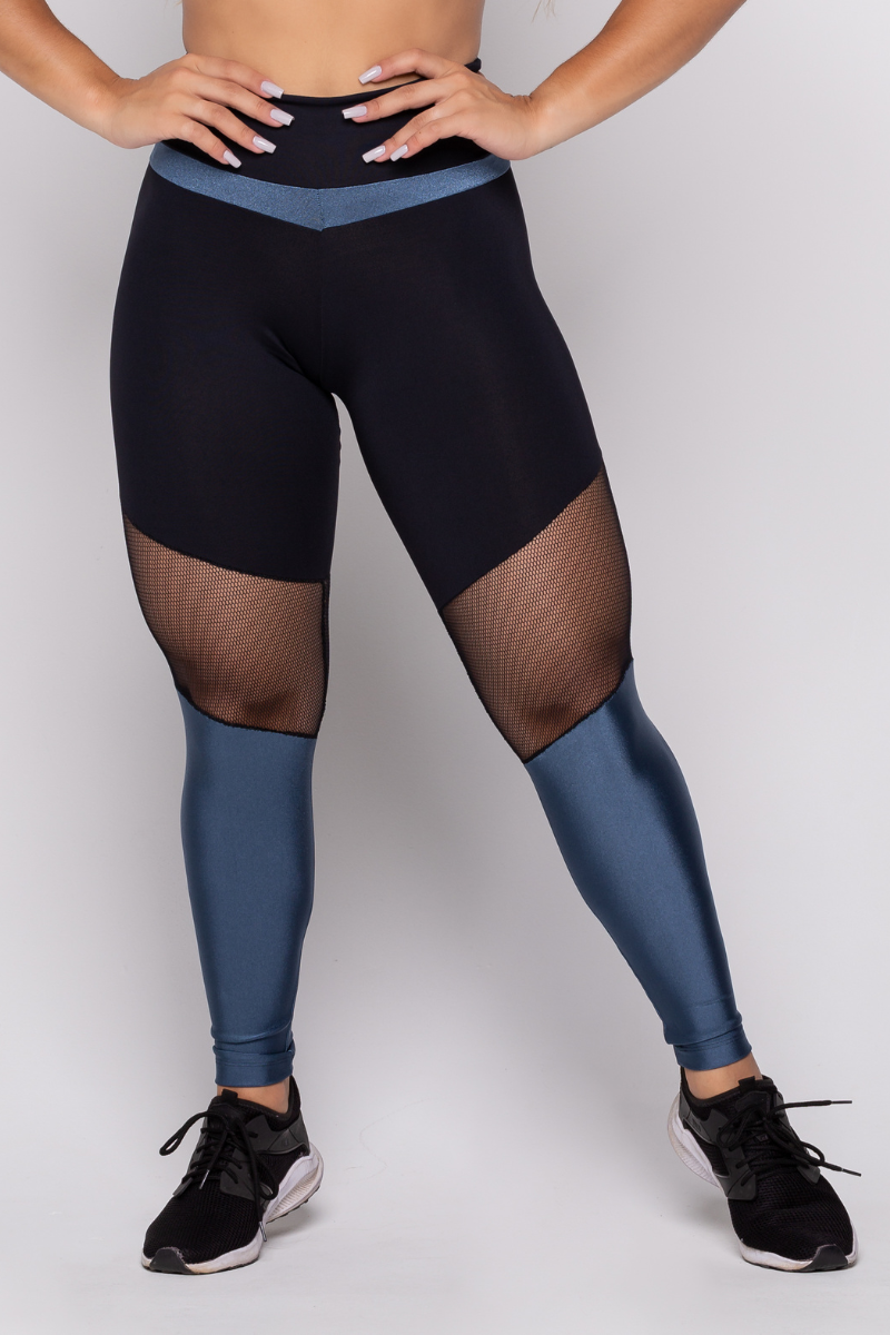 Calça Legging Fitness Poliamida Azul com Tela