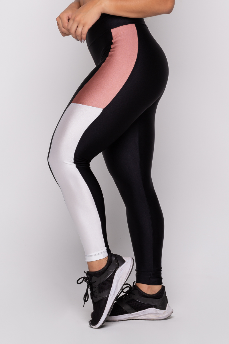 01 calca legging preta metalic com recorte branco e rose
