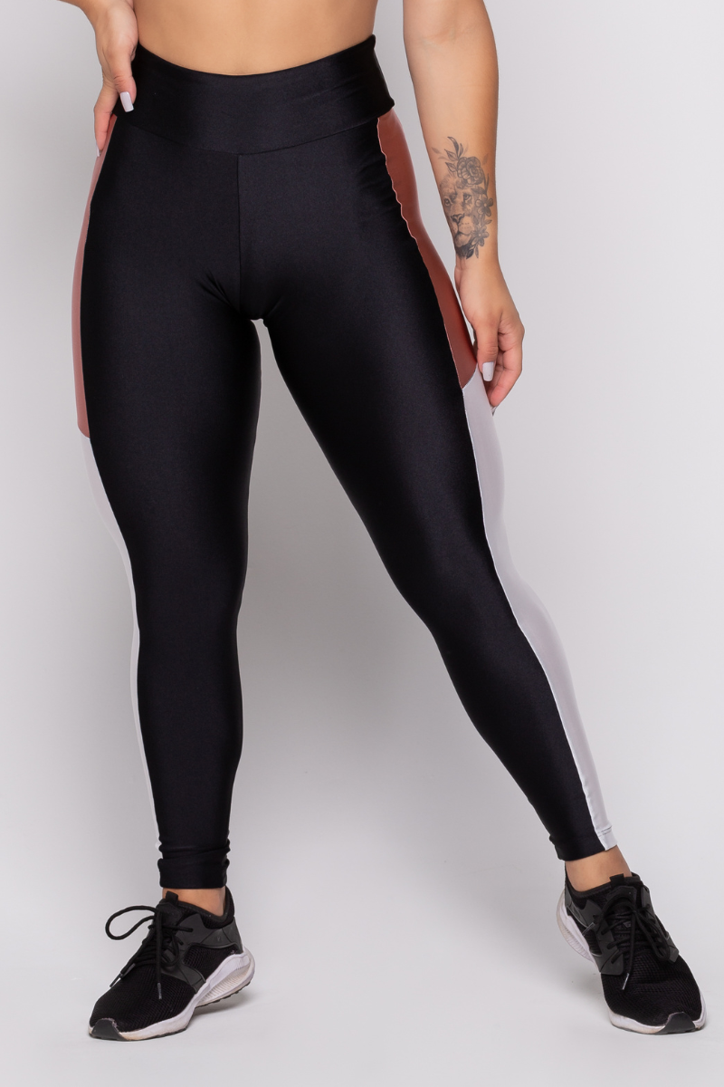 03 calca legging preta metalic com recorte branco e rose