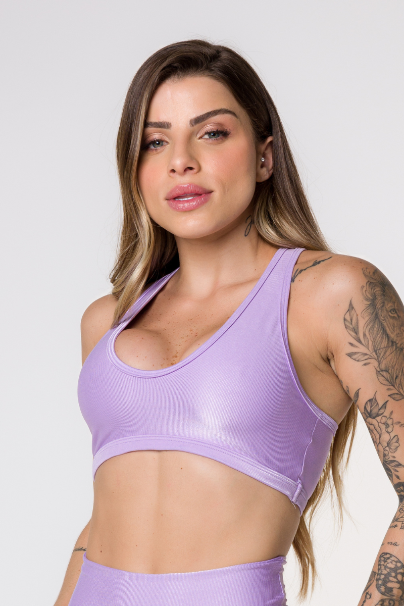 05 top fitness canelado com bojo removivel cruzado nas costas lilas