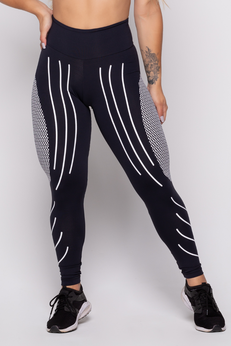 12 calca legging fitness compressao preta com branco poliamida