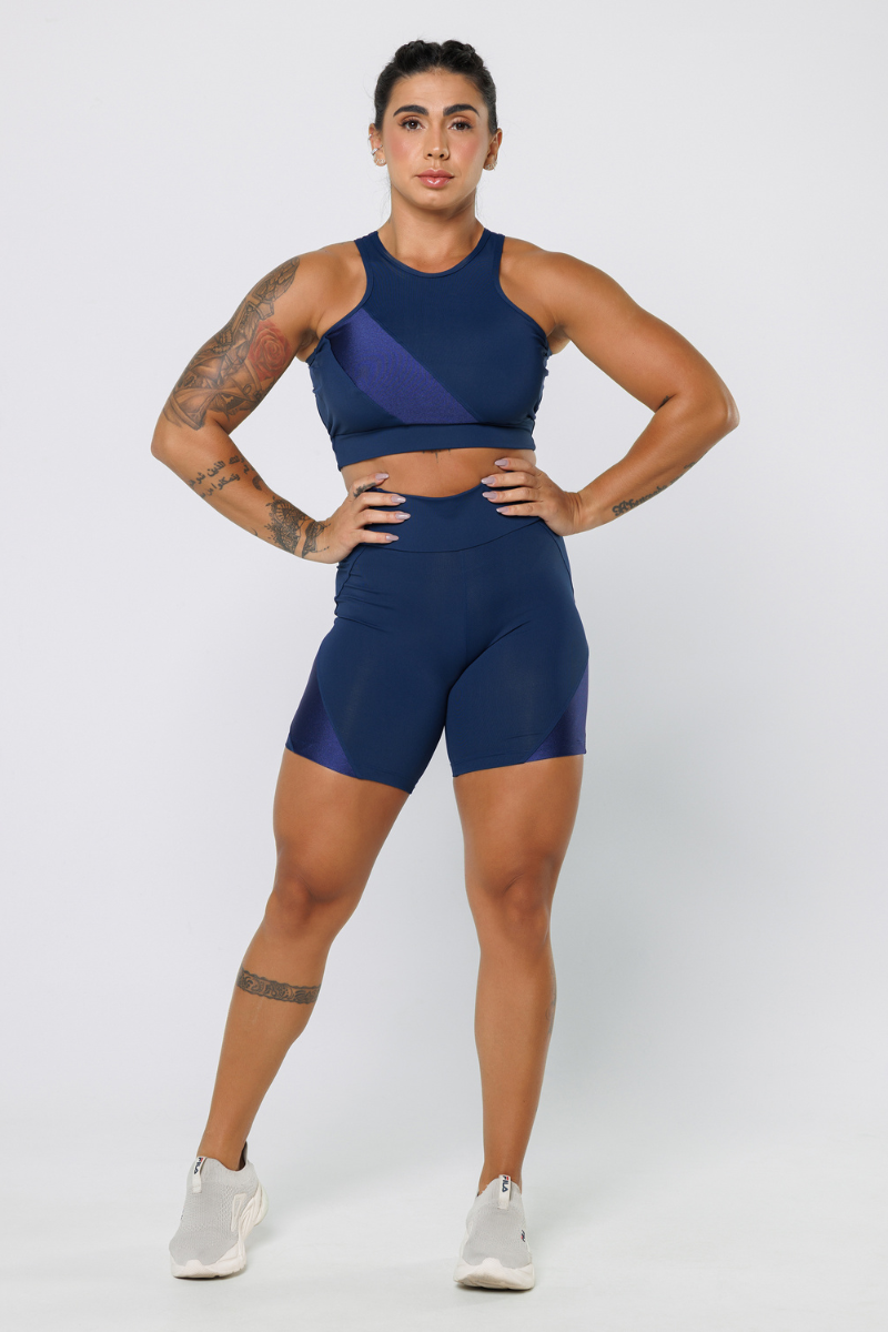 04 bermuda fitness poliamida com recortes metalic azul marinho