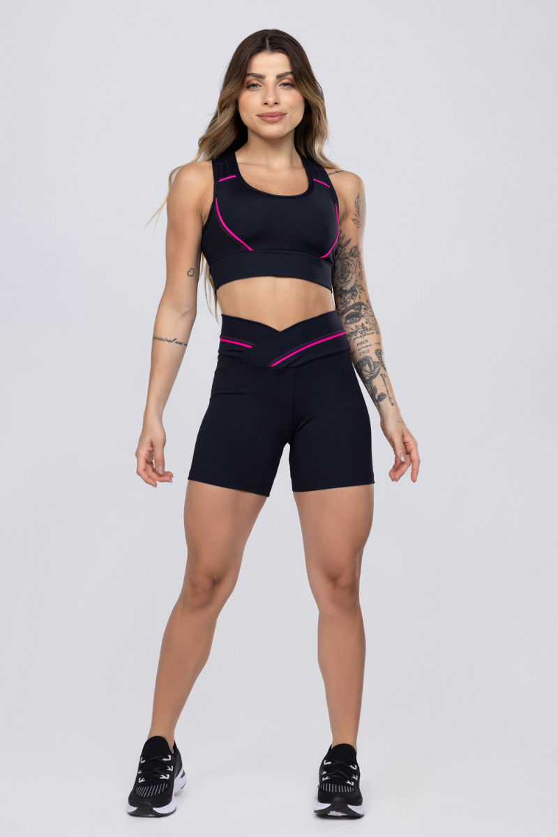 06 short fitness poliamida cos transpassado preto com vivo rosa
