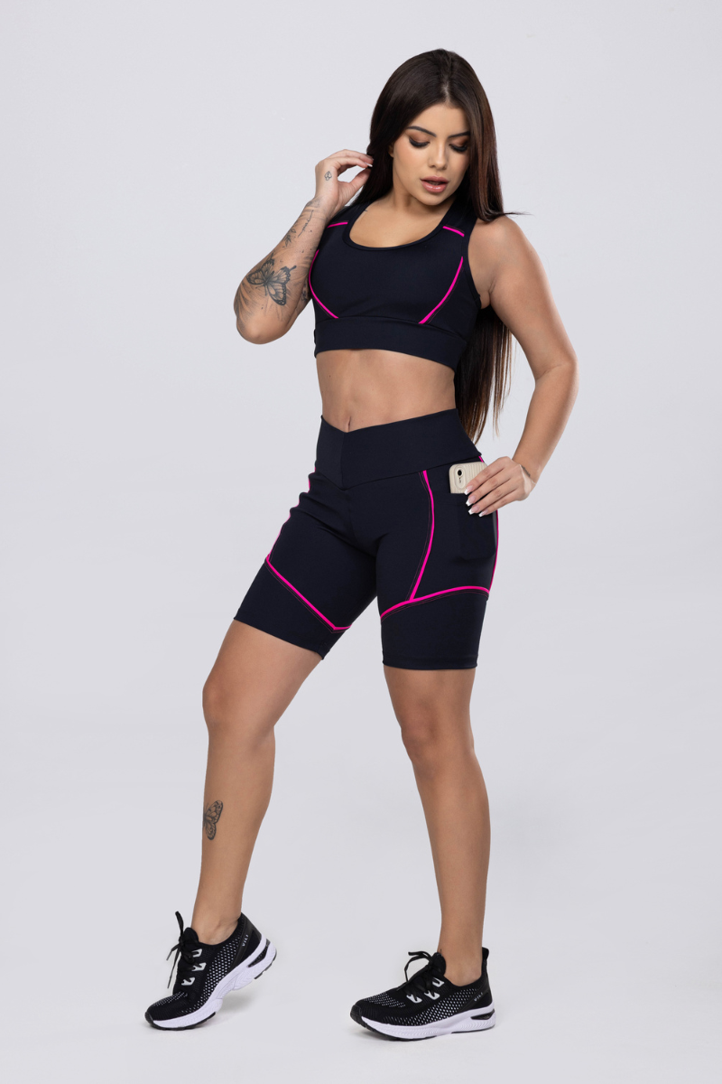 04 bermuda fitness poliamida preto com bolso lateral