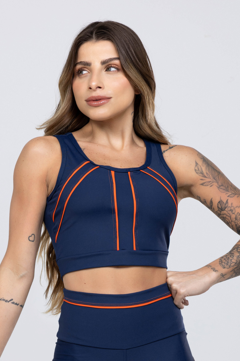 01 top nadador azul marinho com recortes e vivo laranja