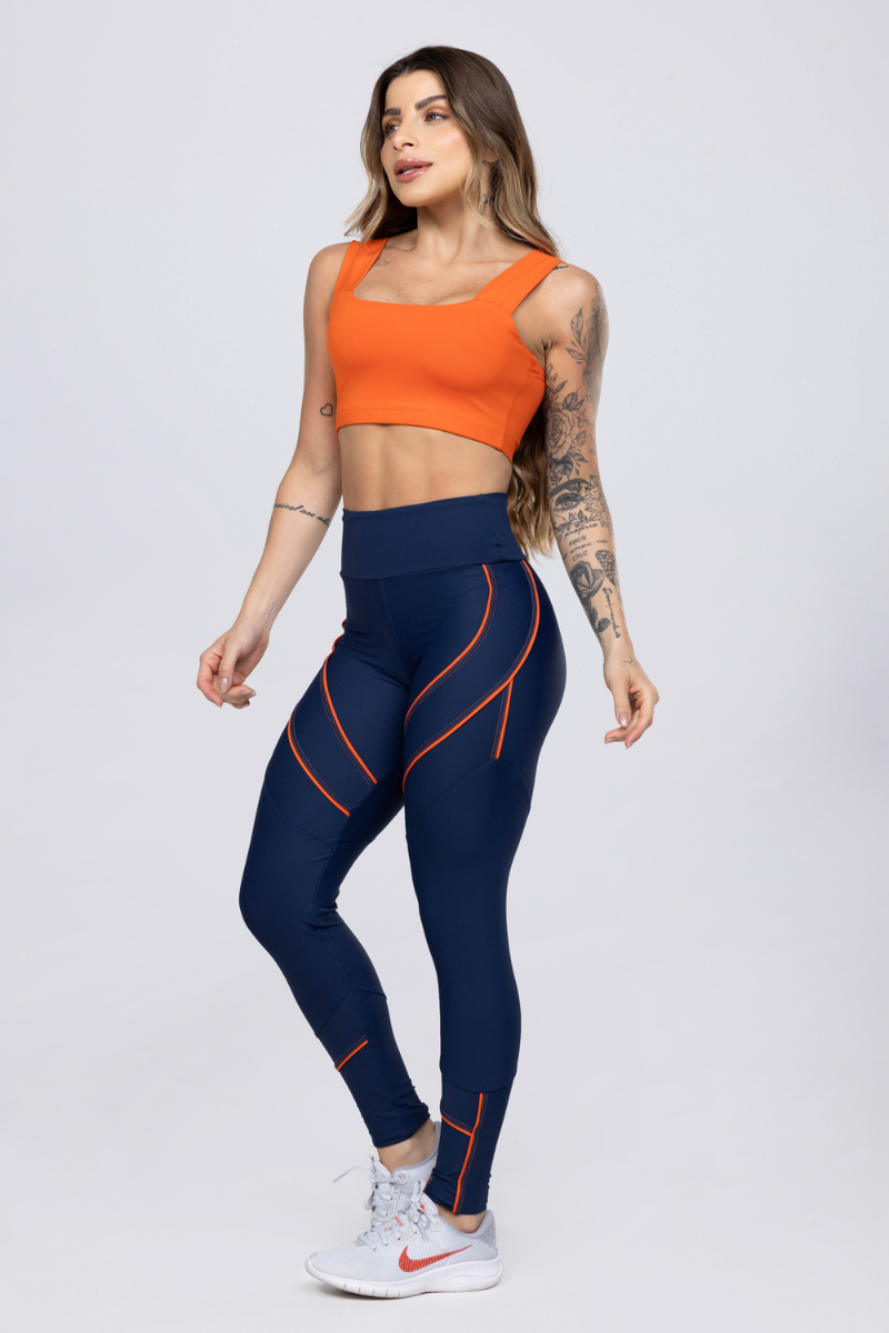 01 calca legging poliamida azul marinho com detalhes em vivo laranja