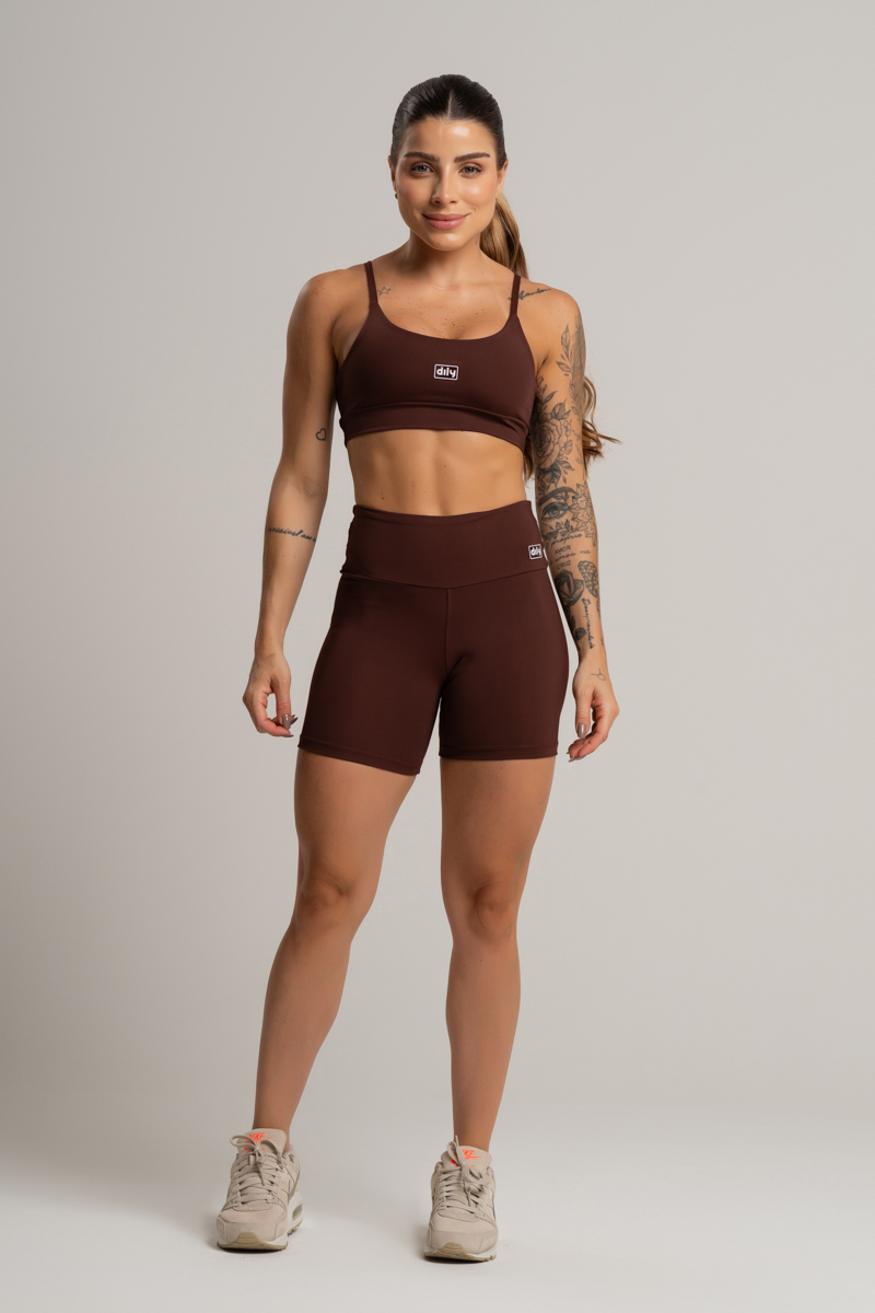 03 conjunto feminino fitness basico short e top marrom