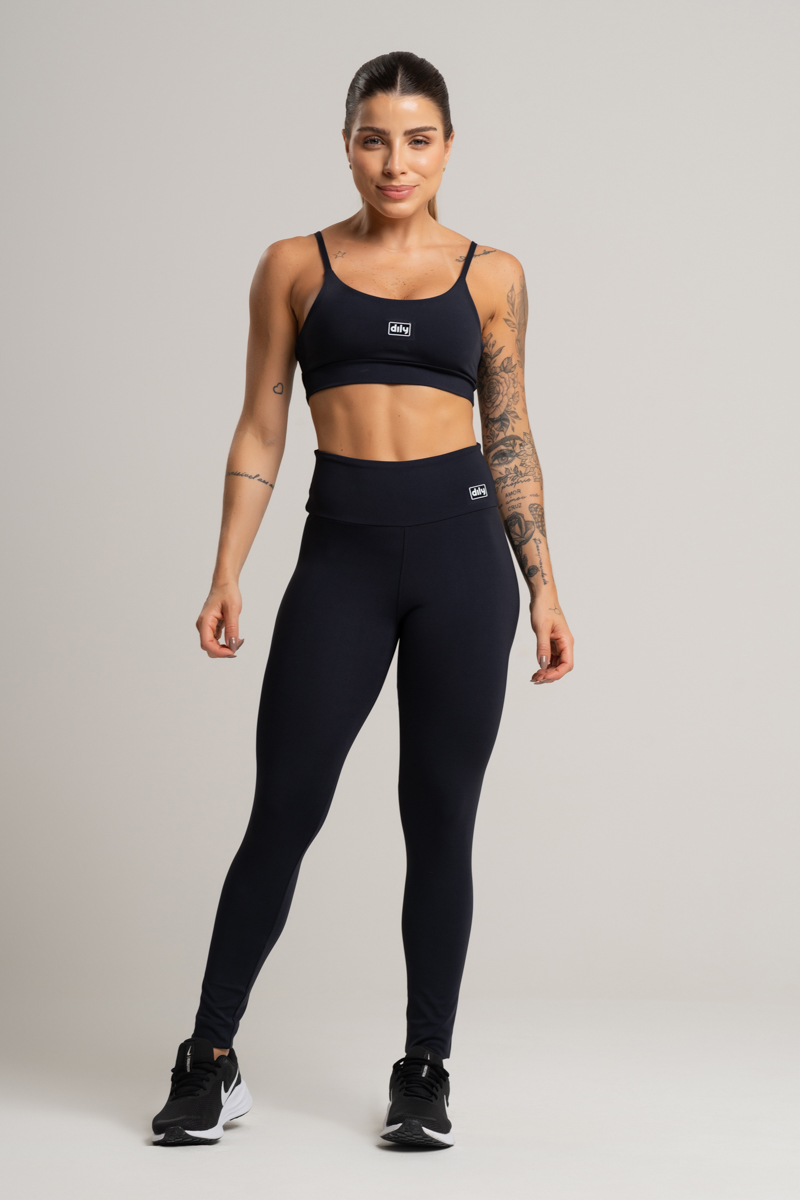 02 conjunto feminino fitness basico poliamida calca e top preto