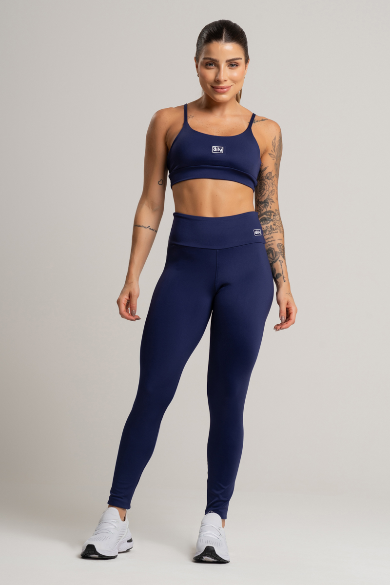 02 conjunto feminino fitness basico poliamida calca e top azul marinho