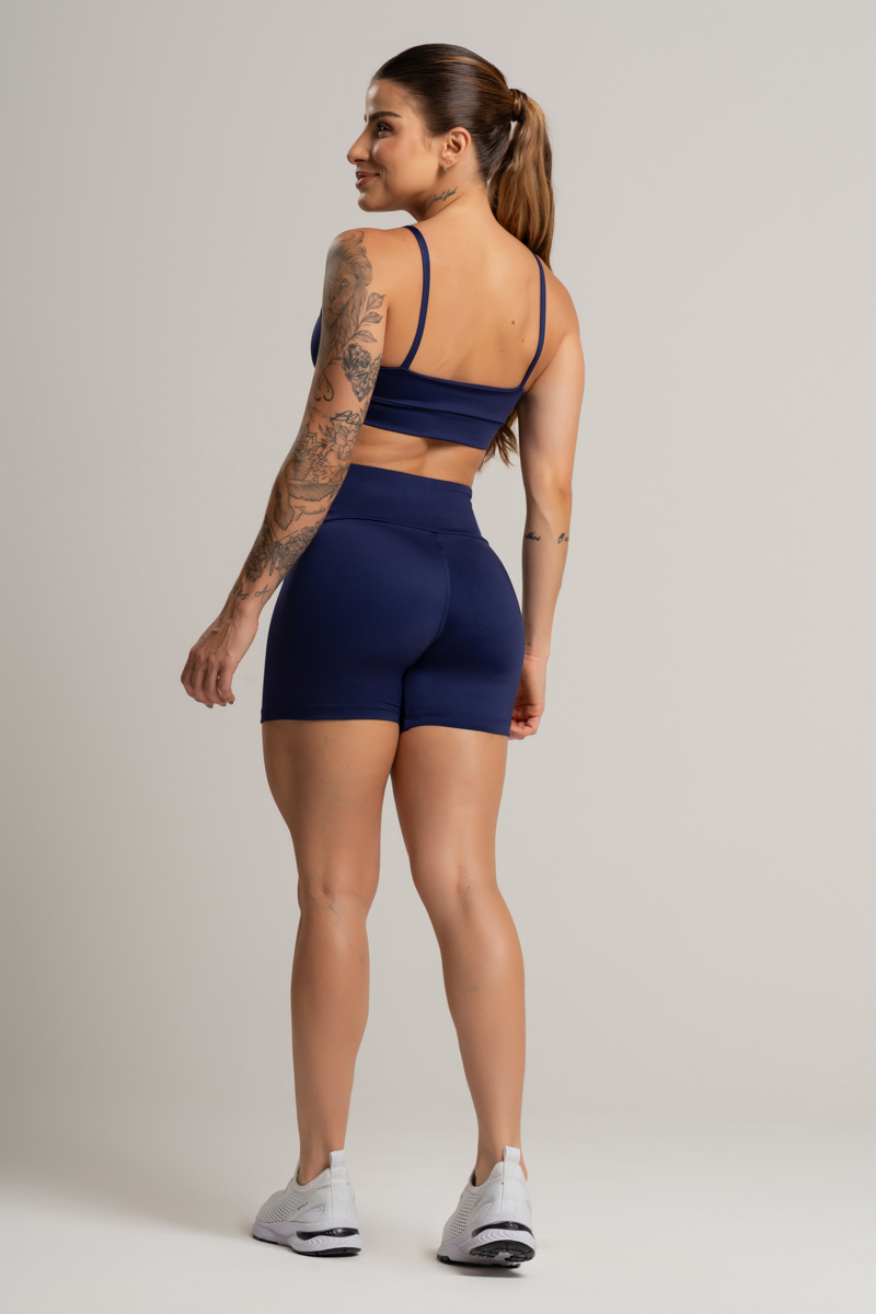 01 conjunto feminino fitness basico short e top azul marinho