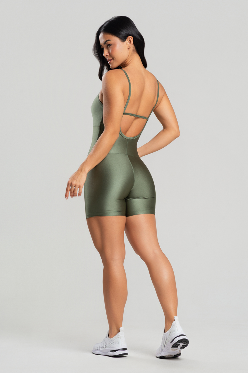 02 macaquinho fitness poliamida metalic verde militar