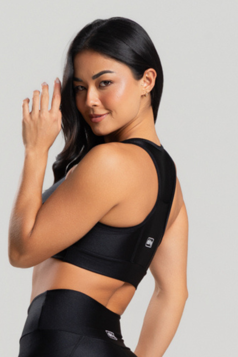 01 top feminino fitness poliamida metalic com bolso preto