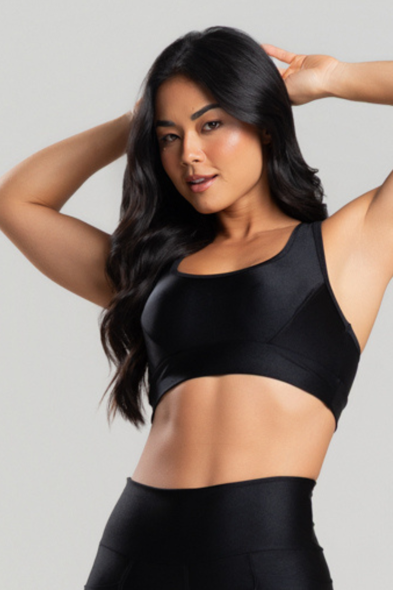 02 top feminino fitness poliamida metalic com bolso preto