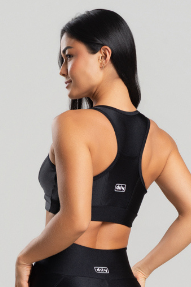 03 top feminino fitness poliamida metalic com bolso preto