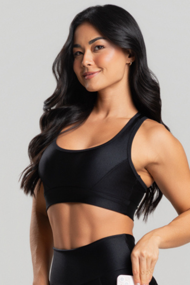 04 top feminino fitness poliamida metalic com bolso preto