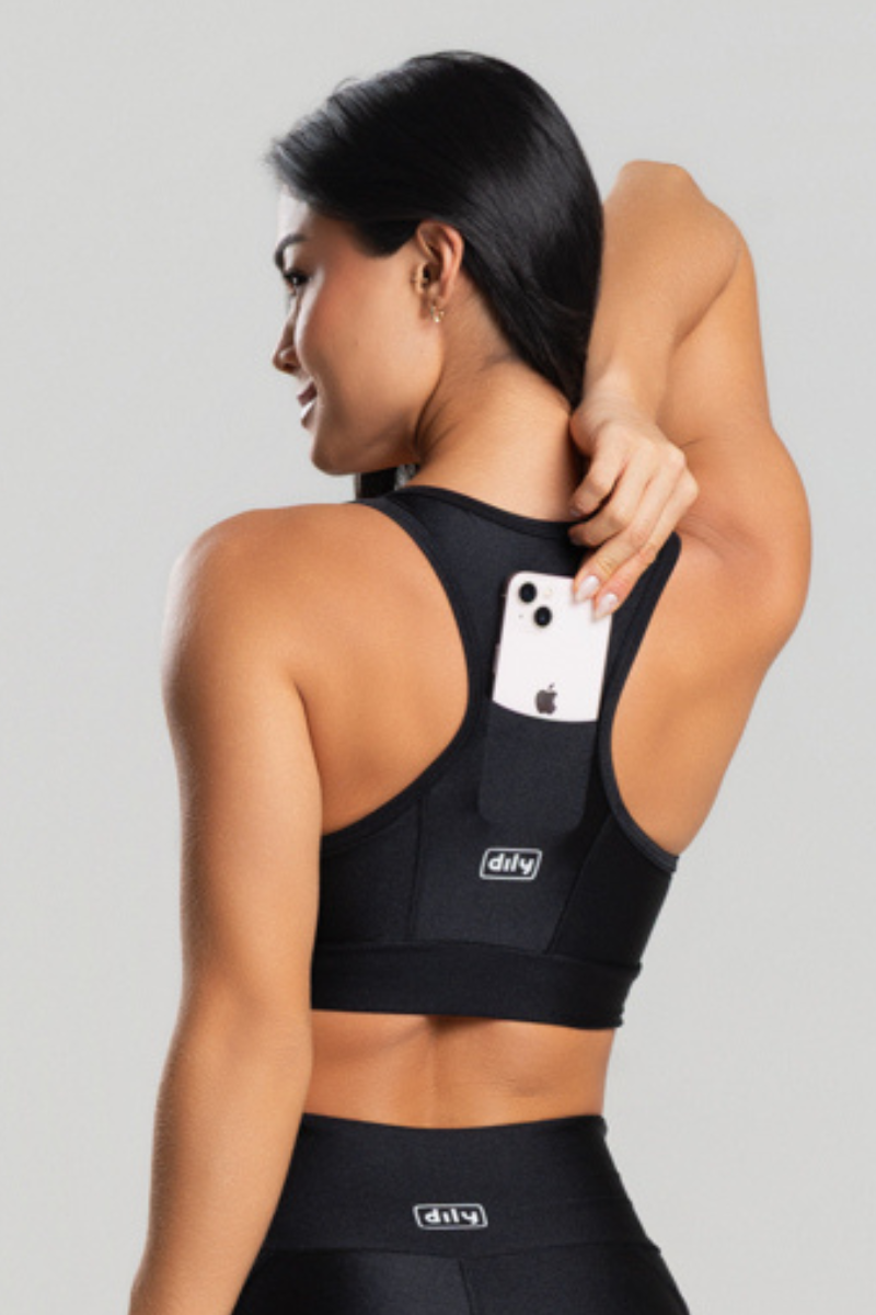 05 top feminino fitness poliamida metalic com bolso preto